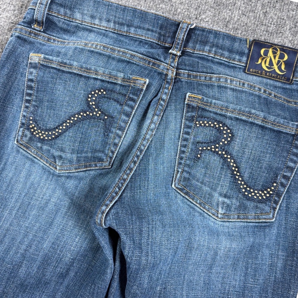 Rock & Republic Kasandra Jeans Women 10 Blue Studded Logo Bootcut Denim